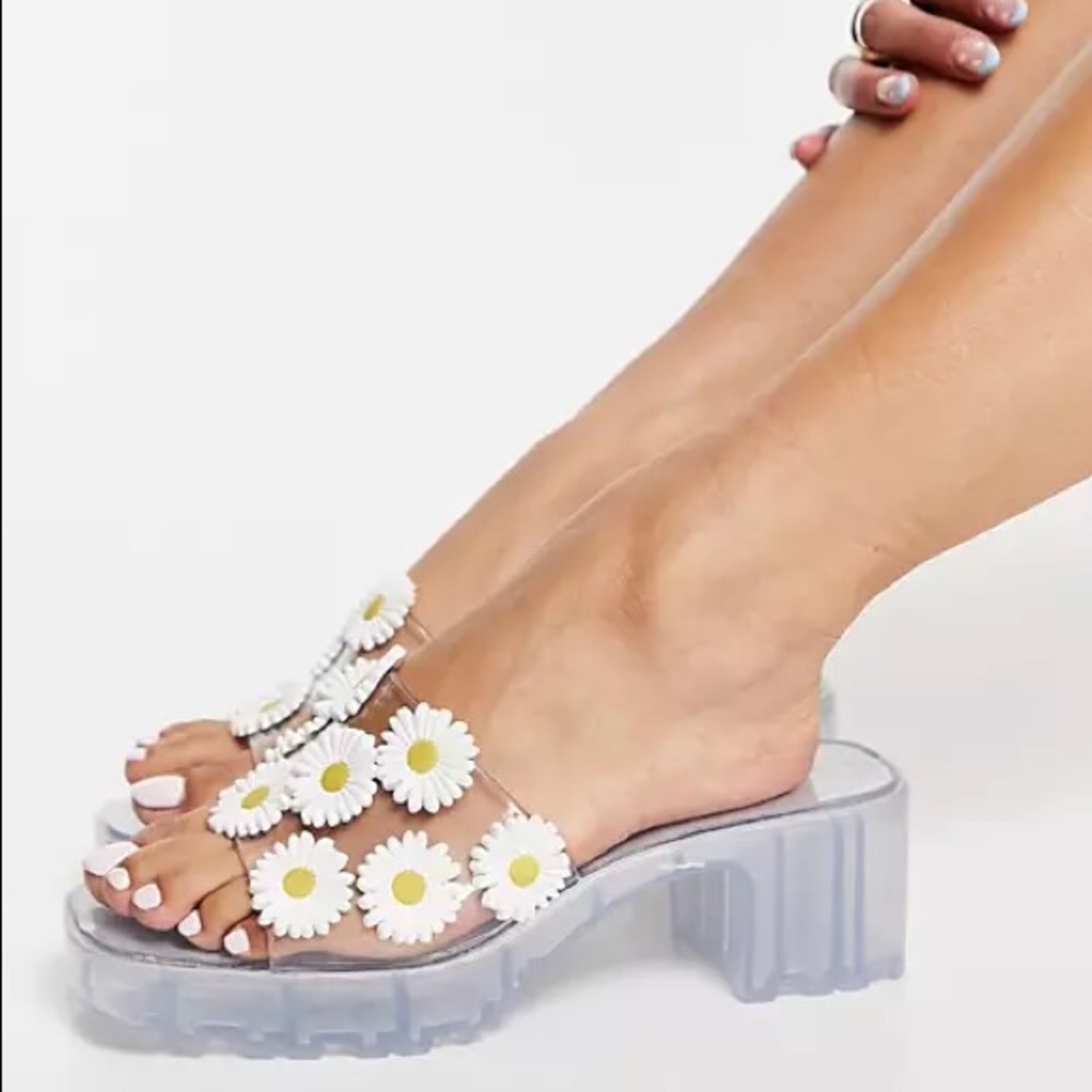 ASOS DESIGN floral jelly heeled sandal mules clear